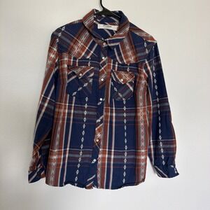 Idyllwind GLENMOND DOBBY PLAID PRINT LONG SLEEVE SNAP FLANNEL SHIRT Sz Med